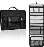large travel bag toiletry organizer case has a 4 main compartments to fit all your travel toiletries containers, makeup, and cosmetic bottles. Zipper pocket in front holds essentials when the toiletry bag is folded.